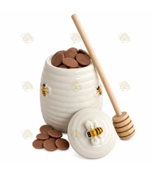 Honningkrukke i keramik med minis af mælkechokolade med honning